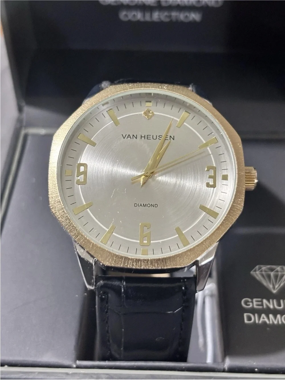 Van Heusen Gold Tone & Black Leather Dress Watch